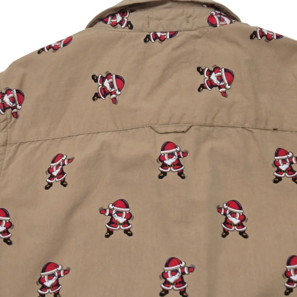 Denim & Flower Ricky Singh tan short sleeve button down Santa Dab print 9/10
